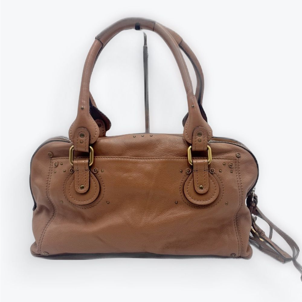 Auth Chloe Caramel Brown Leather Studded Auore Top Handle Duffel Tote Bag - Picture 7 of 16